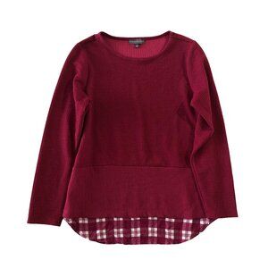 Classic Editions Womens Size M Red Top Knit Plaid Hem Long Sleeve Sweater